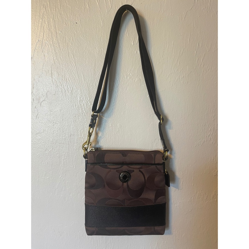 Coach Signature Heritage Stripe Crossbody Bag Mahogany Brown Jacquard Canvas
